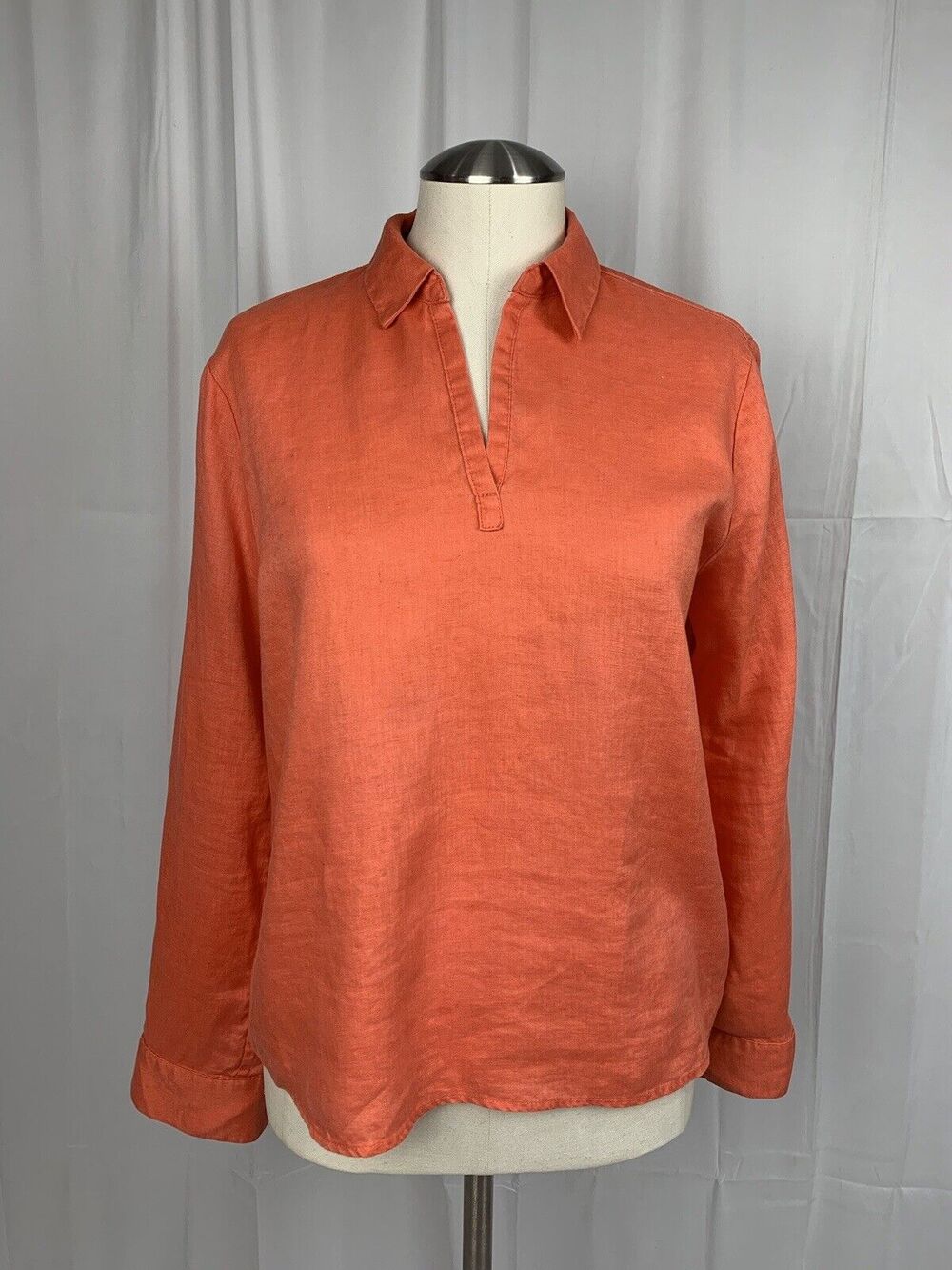 Premise Linen Top Women's Orange V Neck Roll Tab Sleeve Shirt Size S Preppy
